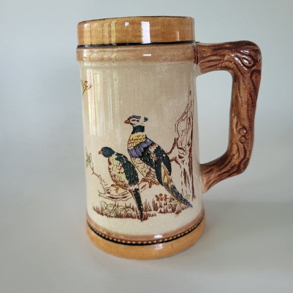 Vintage Pheasant Ceramic Stein Mug Japan Hunting Nature Birds Wood Pottery - Picture 1 of 8